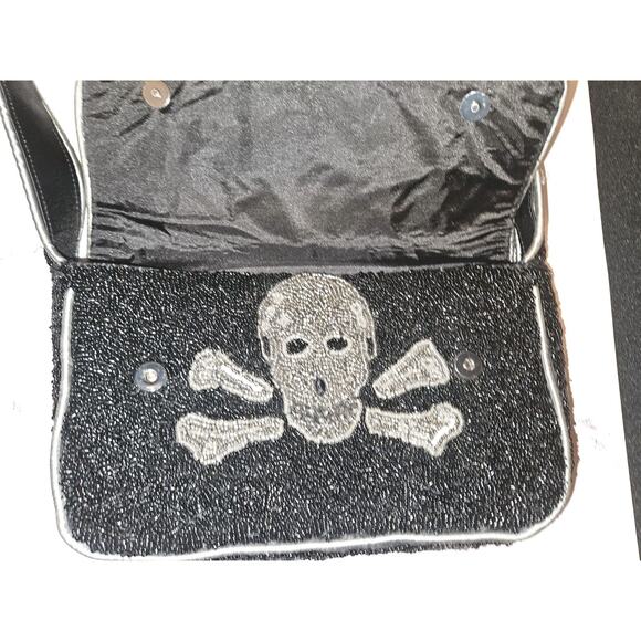 Viral Black Beaded Skull & Crossbones Shoulder Bag Made In India 9.5x6.5 - Picture 5 of 11